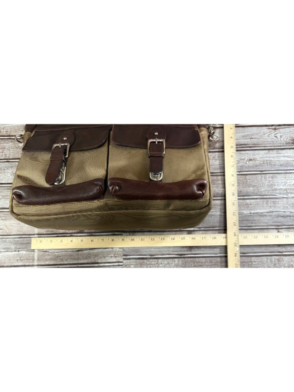 Polo Ralph Lauren Leather Canvas Heritage Logo Messenger Laptop Bag Brown Khaki - Picture 13 of 14